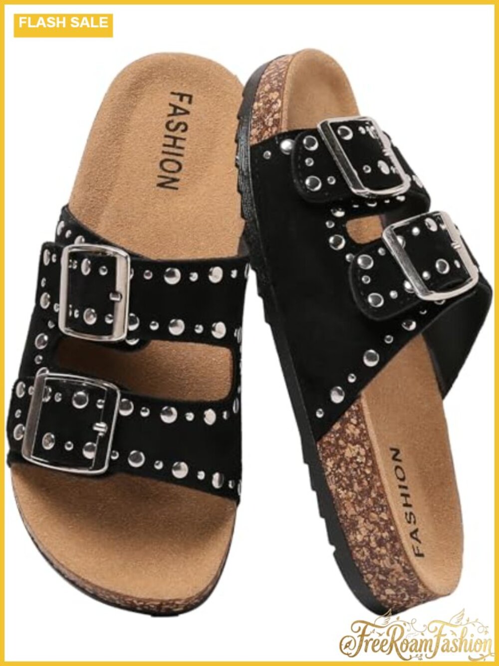 Cork Footbed Slide Sandals with Adjustable Double Buckle Studded Design
